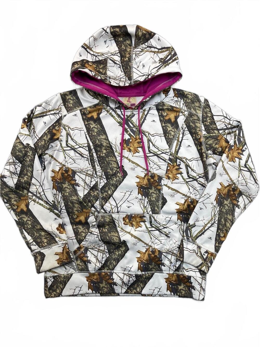 Womens Snow Camo Hoodie Sweatshirt Pink Trim Winter Real Tree Camouflage Fleece